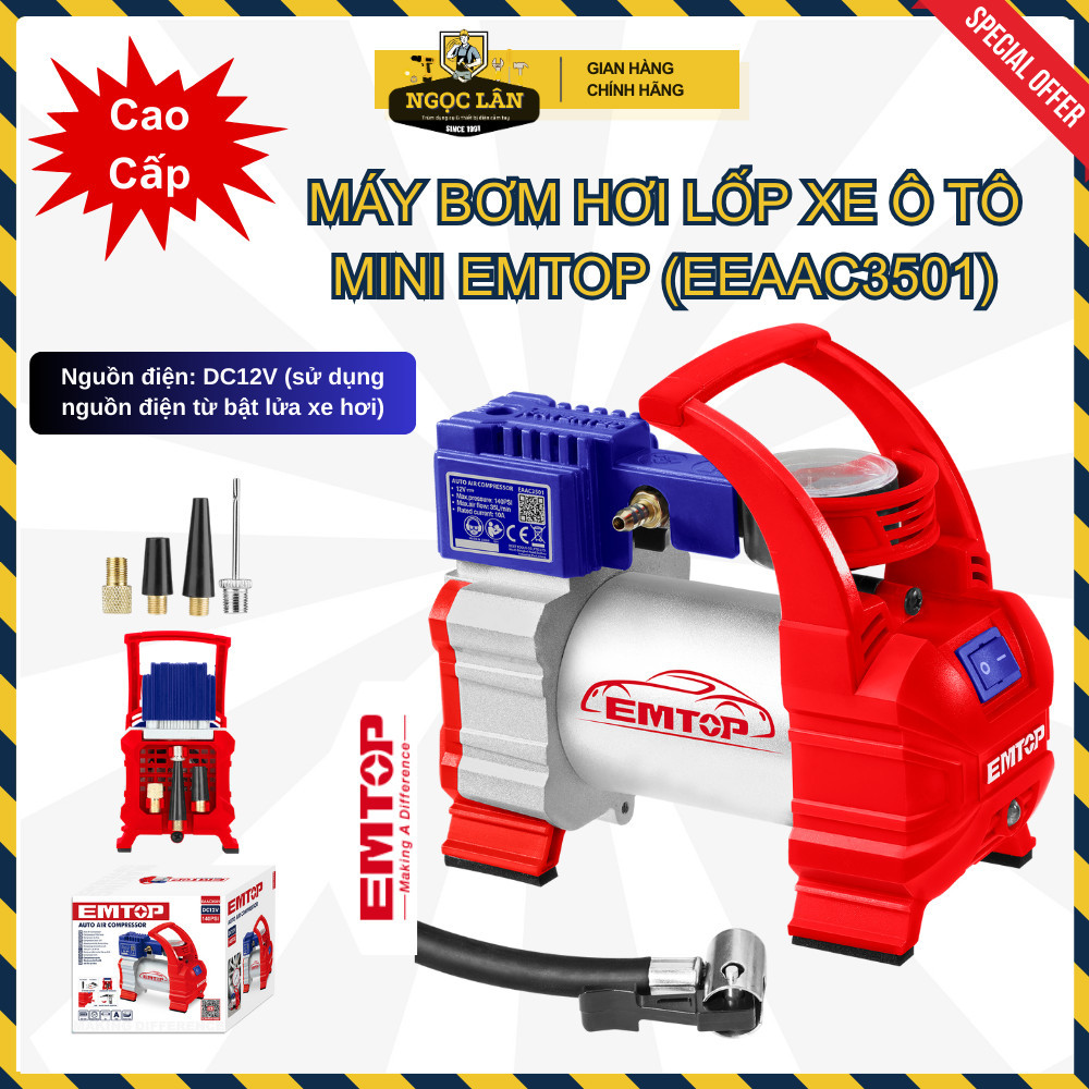 Máy bơm hơi lốp ô tô mini EMTOP 12V EAAC3501