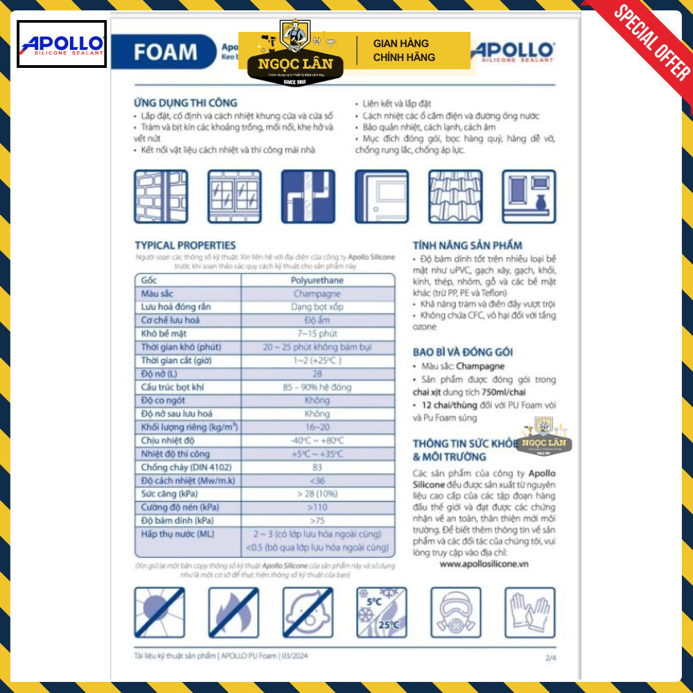 Bọt nở Apollo Foam 750ml, Thùng 12 chai, kết dính, cách âm, cách nhiệt - Ảnh 8
