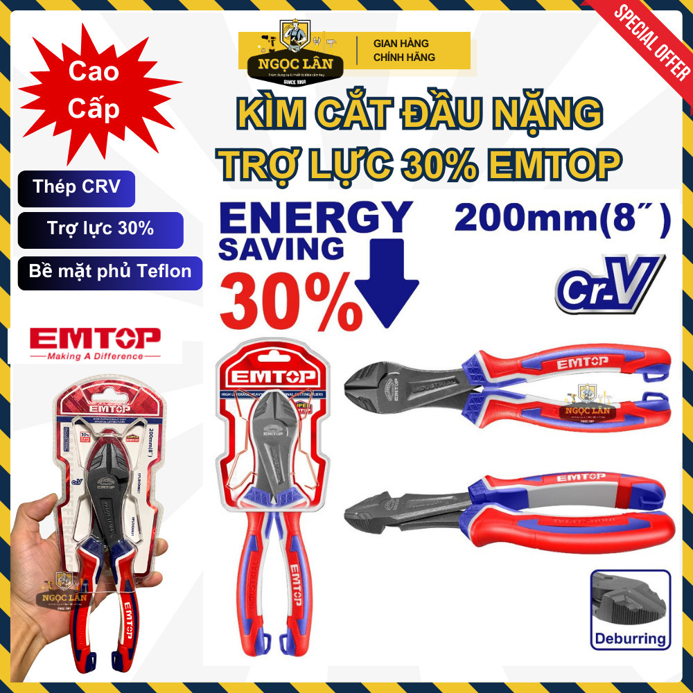 Kìm cắt EMTOP trợ lực 30%, đầu nặng, thép CRV, phủ Teflon