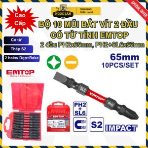 Chính hãng Bộ 10 Mũi Vít 2 Đầu EMTOP 65mm PH2+PH2, PH2+SL6 Thép S2
