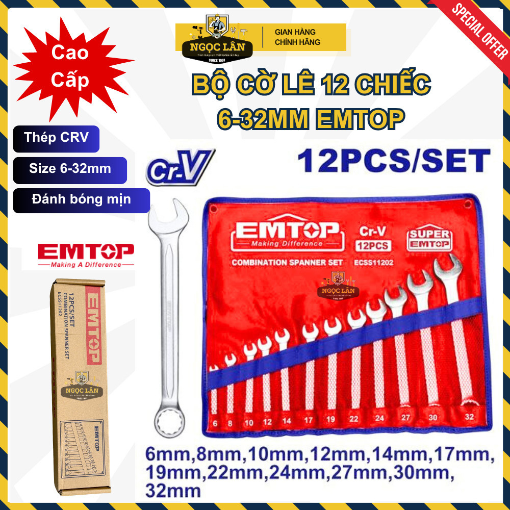 Chính hãng Bộ cờ lê vòng miệng EMTOP 12 chiếc 6-32mm ECSS11202