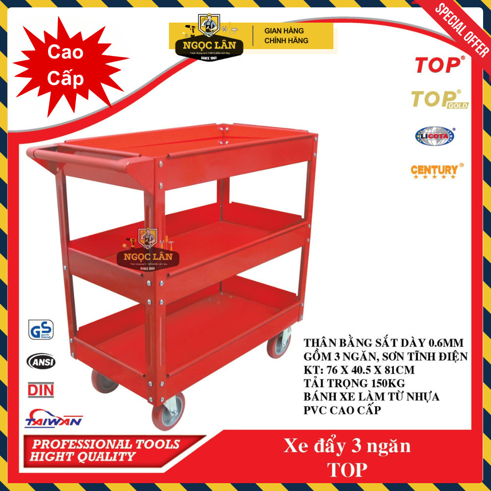 Chính hãng TOP Xe đẩy đồ nghề 3 ngăn 150kg Đài Loan cao cấp