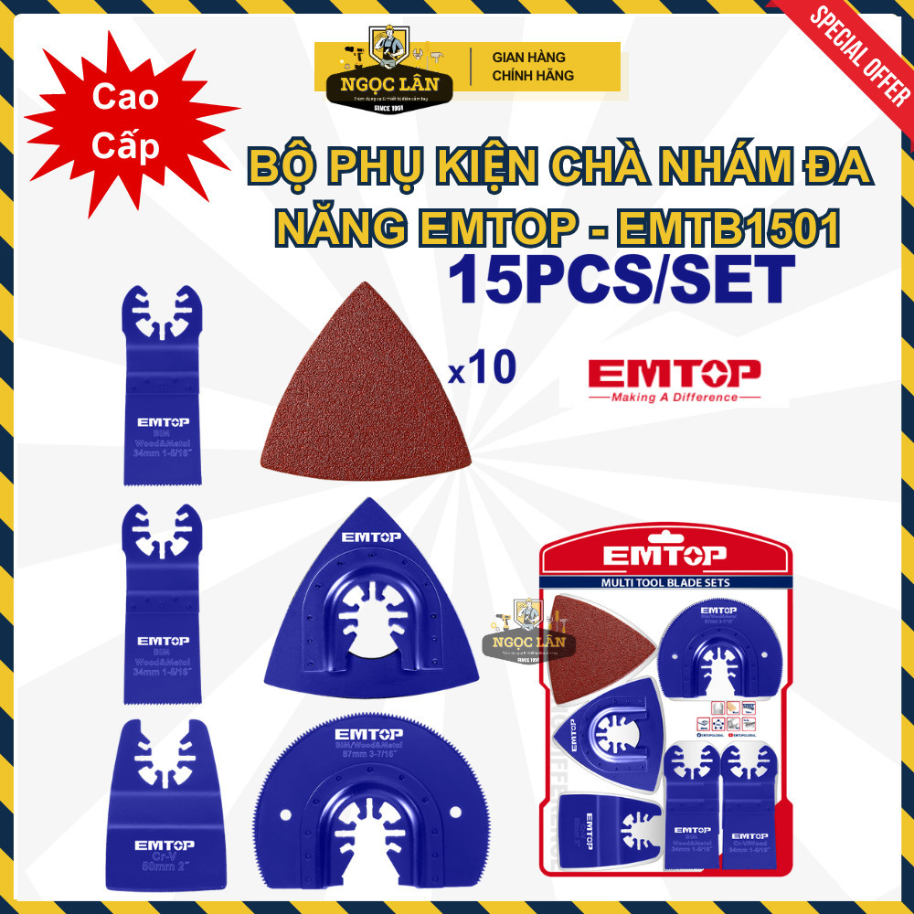 Chính hãng Bộ phụ kiện chà nhám đa năng EMTOP 15 món cao cấp EMTB1501