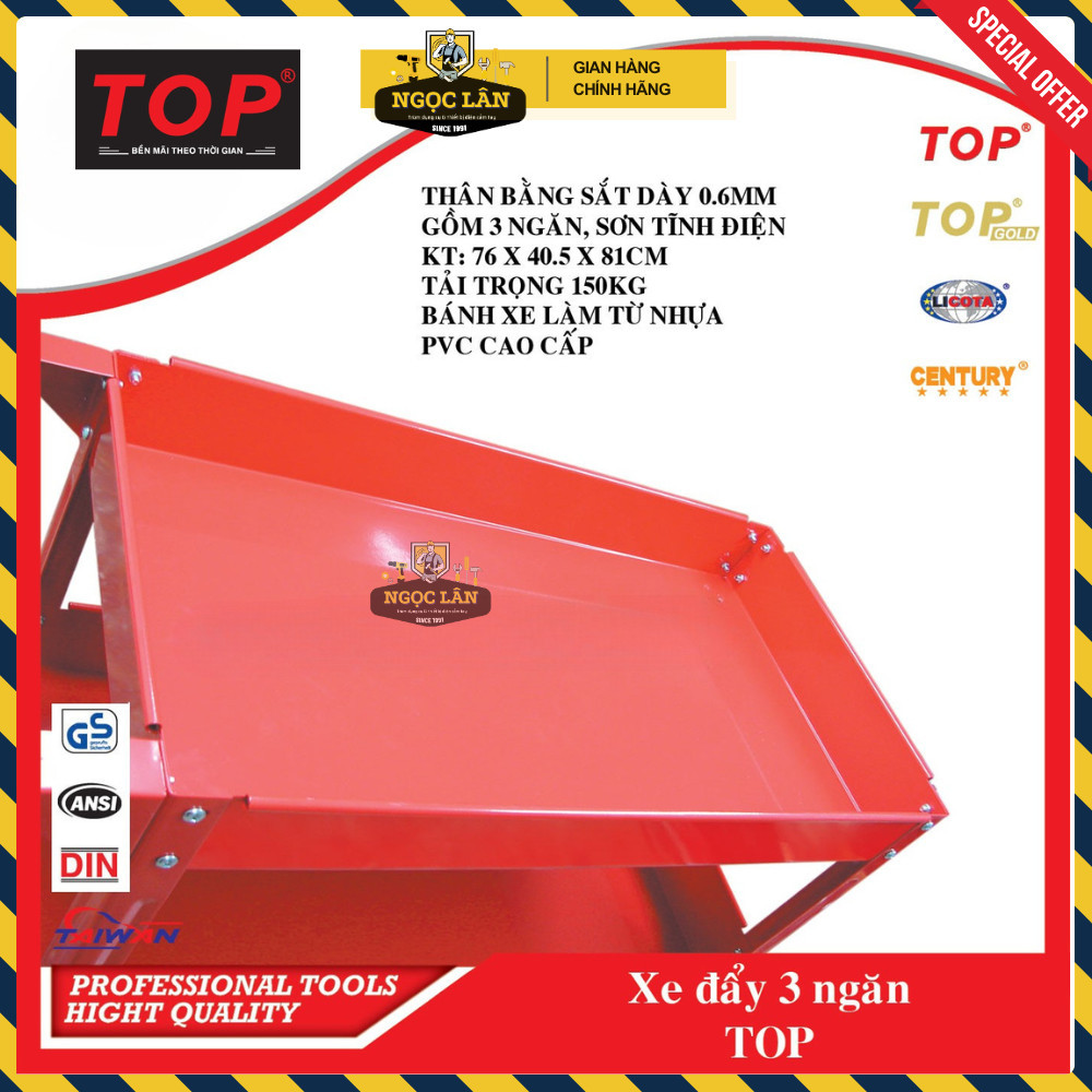 Chính hãng TOP Xe đẩy đồ nghề 3 ngăn 150kg Đài Loan cao cấp - Ảnh 2