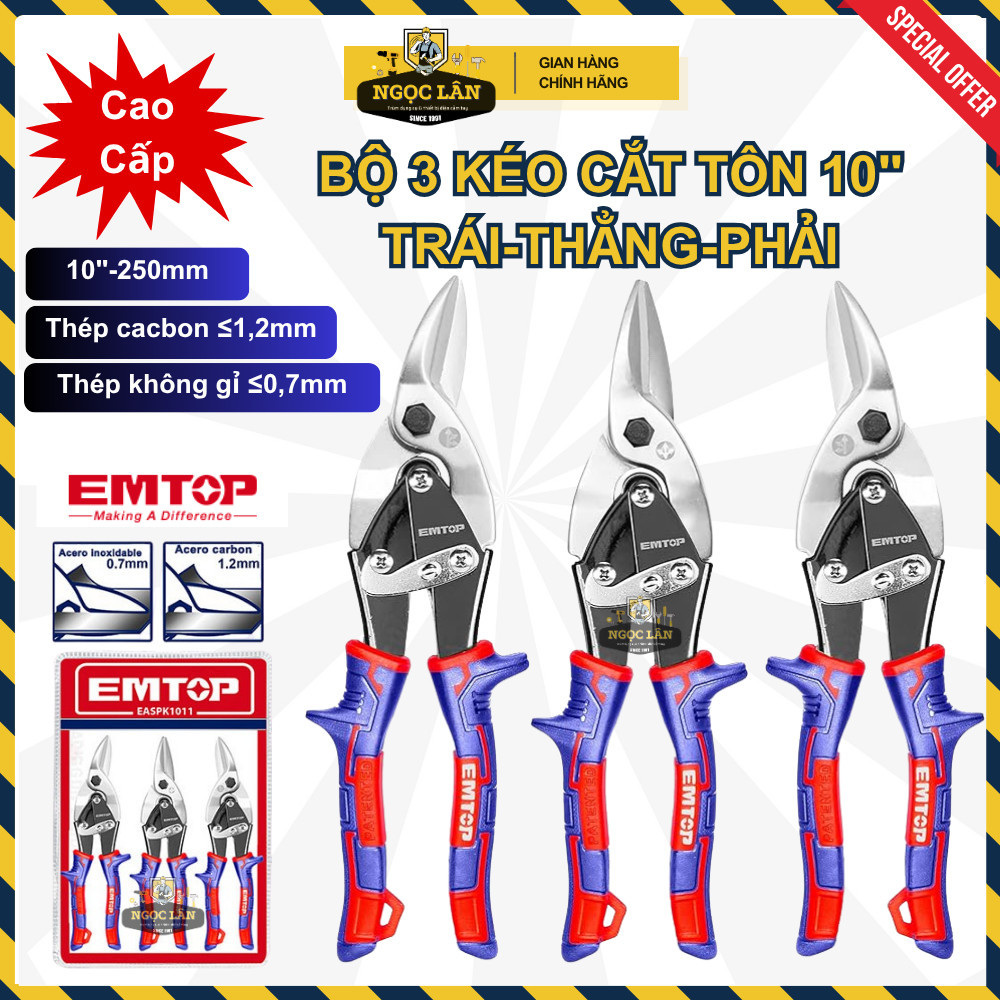 Kéo cắt tôn EMTOP chính hãng Bộ 3: cong trái, cong phải, thẳng cao cấp