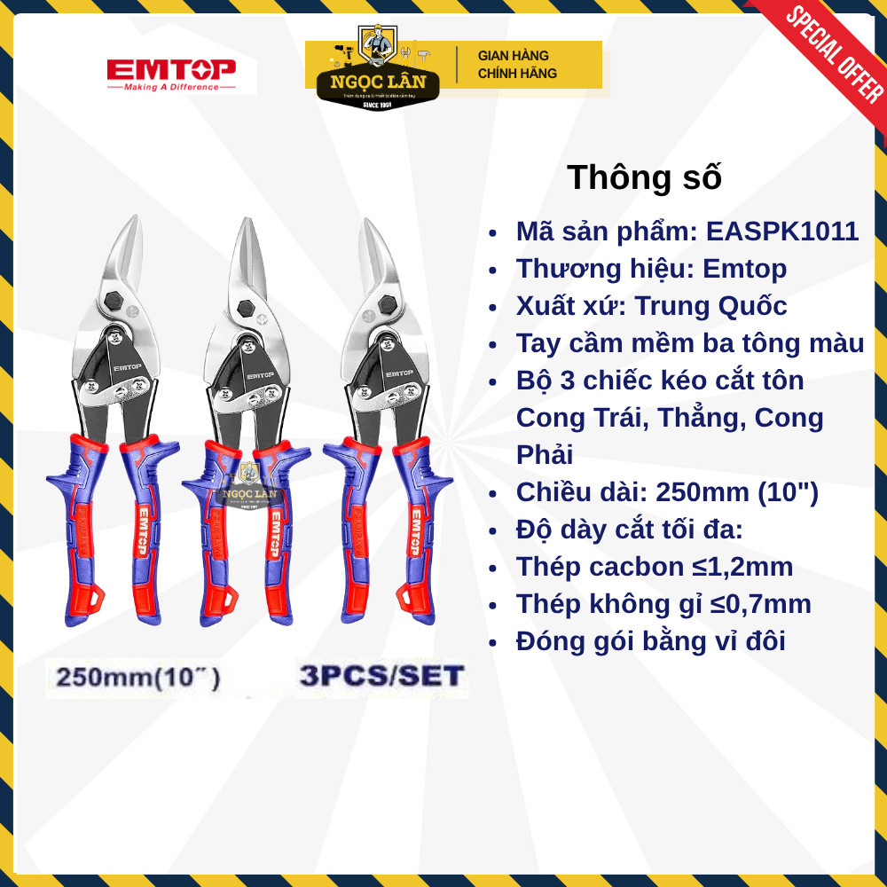 Kéo cắt tôn EMTOP chính hãng Bộ 3: cong trái, cong phải, thẳng cao cấp - Ảnh 2