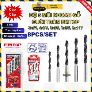 Chính hãng Bộ 5 mũi khoan gỗ EMTOP đuôi tròn 3-8mm thép hợp kim EWDBB15055