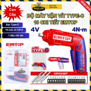 Bộ máy vặn vít mini Emtop 19 chi tiết, pin 4V sạc Type-C (ECSR0408)
