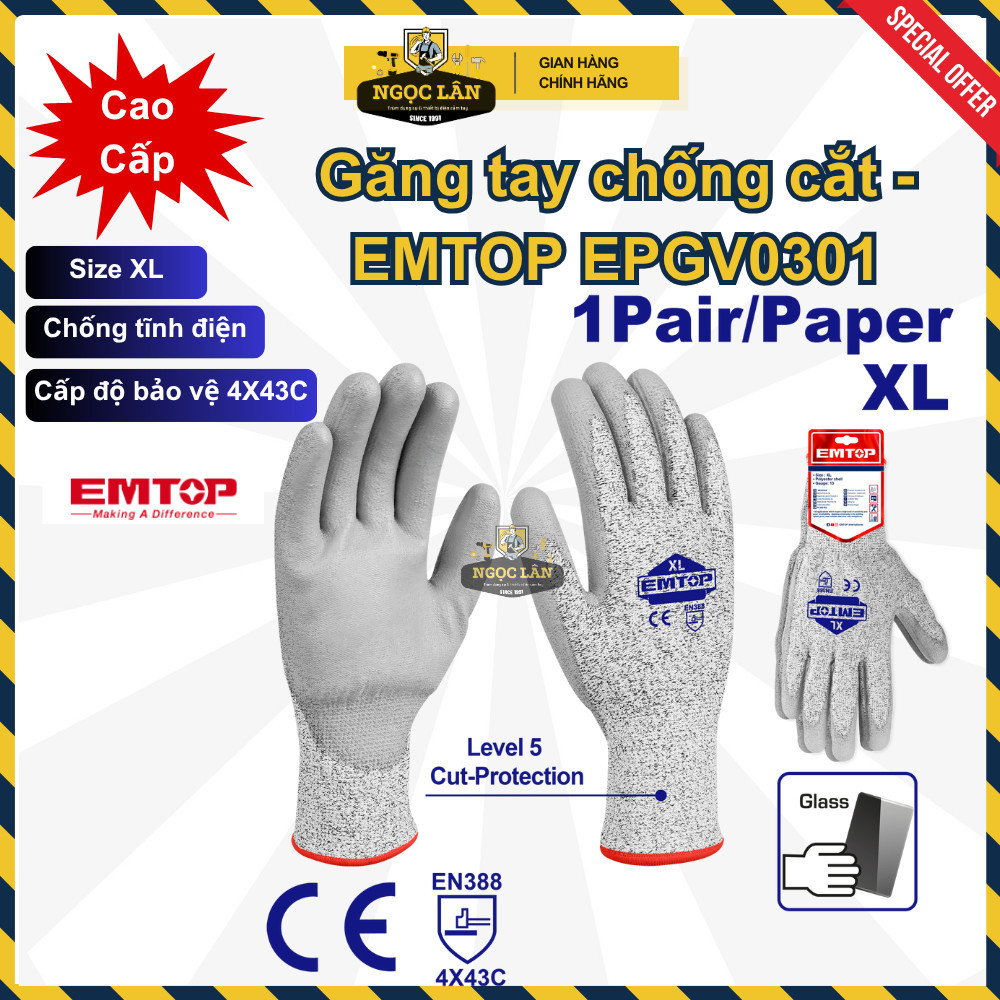 Găng tay chống cắt EMTOP size XL chống tĩnh điện cao cấp EPGV0201