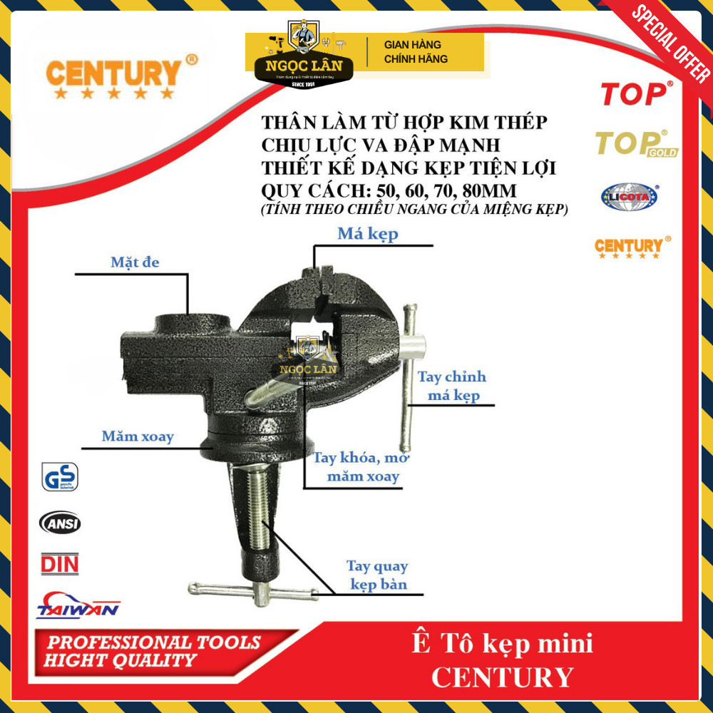 Ê tô kẹp bàn mini Century xoay 360 độ 50mm 60mm 80mm cao cấp - Ảnh 2