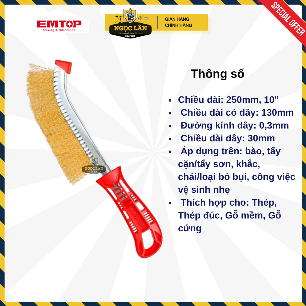 Bàn chải thép EMTOP đánh rỉ chà sắt cán nhựa 10"-250mm EWBH25001 - Ảnh 2