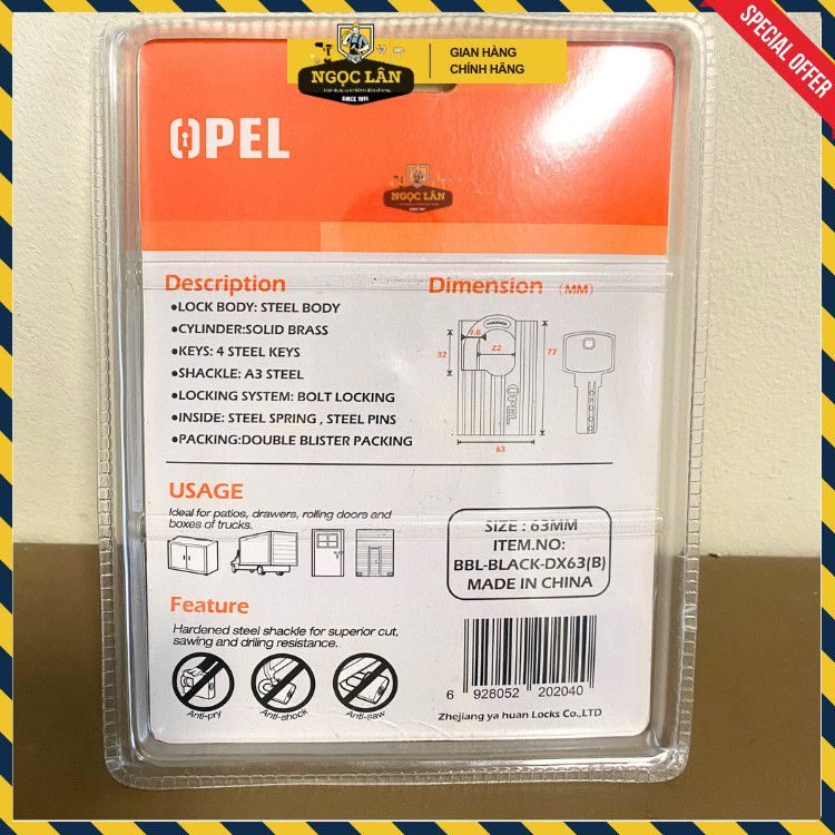 Khóa Chống Cắt OPEL Thép Đen, Bấm Size 5p 6p, 4 Chìa Chống Trộm - Ảnh 9