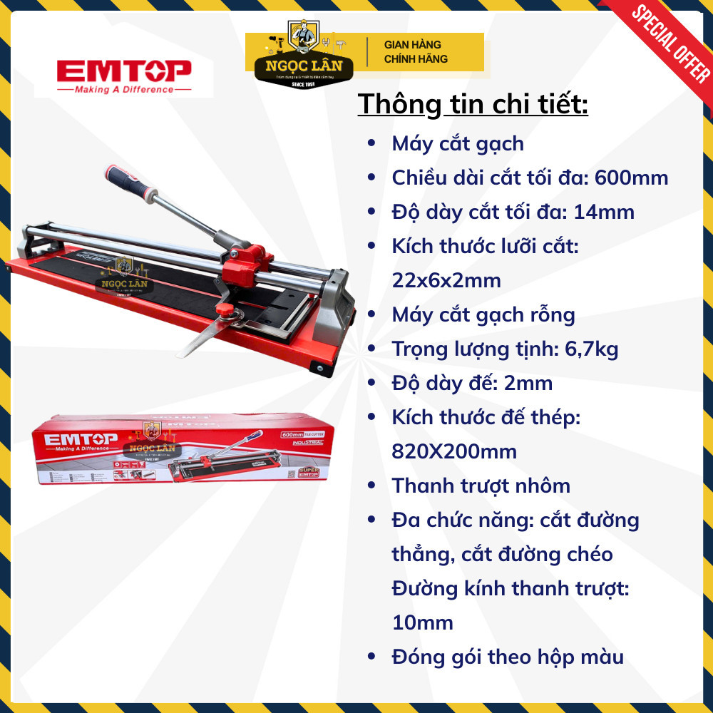 Bàn Cắt Gạch Đẩy Tay EMTOP 600mm Cắt Dày 14mm ETCR6004 - Ảnh 2