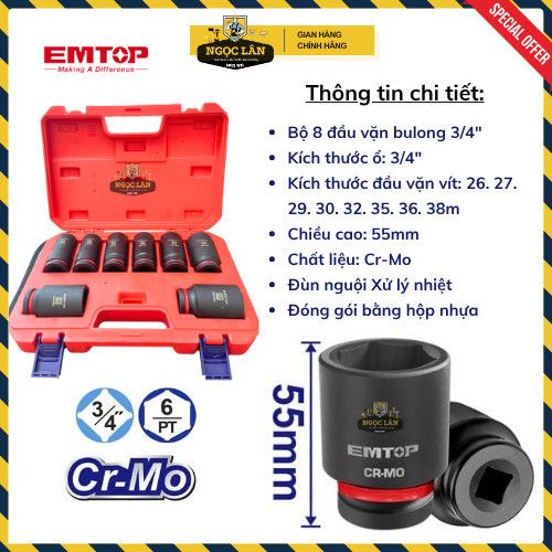 EMTOP Bộ 8 Đầu Tuýp Lục Đen 3/4" CrMo, các cỡ 26-38mm (EMSSD34081) - Ảnh 2