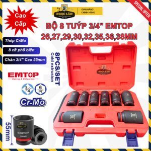 EMTOP Bộ 8 Đầu Tuýp Lục Đen 3/4" CrMo, các cỡ 26-38mm (EMSSD34081)