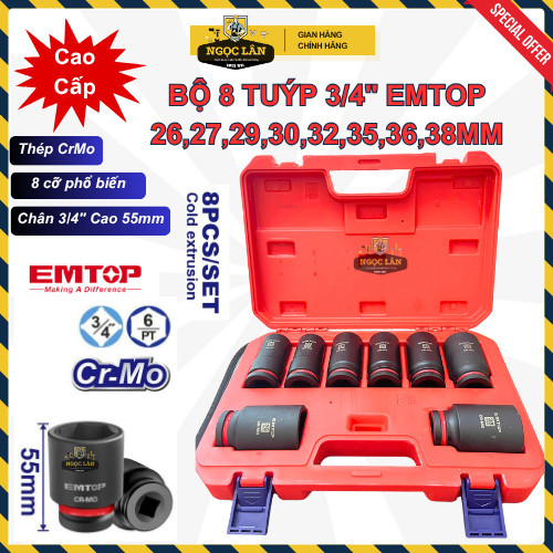 EMTOP Bộ 8 Đầu Tuýp Lục Đen 3/4" CrMo, các cỡ 26-38mm (EMSSD34081)
