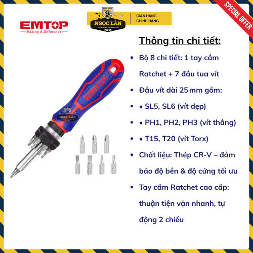 EMTOP Bộ Tua Vít 8 Món Đa Năng Tự Động 2 Chiều Nam Châm Sửa Điện Tử EDRH0802 - Ảnh 2