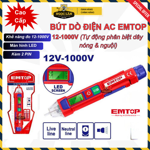 Bút dò điện áp AC EMTOP 12-1000V không chạm, nóng nguội, LED ETPL210003