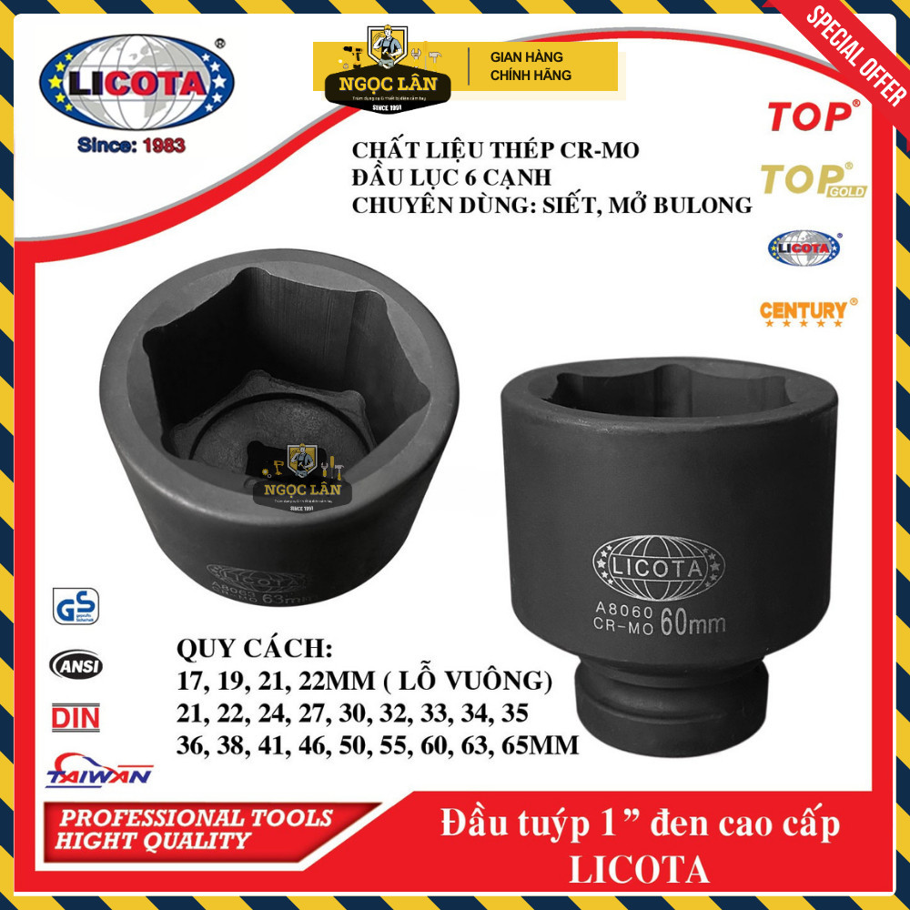 Đầu khẩu Licota 1" CR-MO đen 21-65mm Đài Loan - Ảnh 2