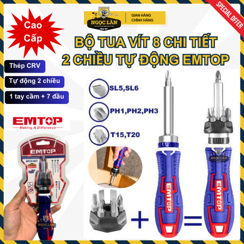 EMTOP Bộ Tua Vít 8 Món Đa Năng Tự Động 2 Chiều Nam Châm Sửa Điện Tử EDRH0802