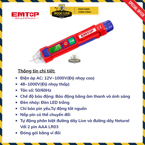 Bút dò điện áp AC EMTOP 12-1000V không chạm, nóng nguội, LED ETPL210003 - Ảnh 2