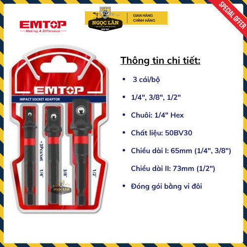 Bộ 3 Đầu Chuyển EMTOP Lục Giác Bulong 1/4,3/8,1/2 Cho Máy Khoan,Bắn Vít (EBST365A01) - Ảnh 2