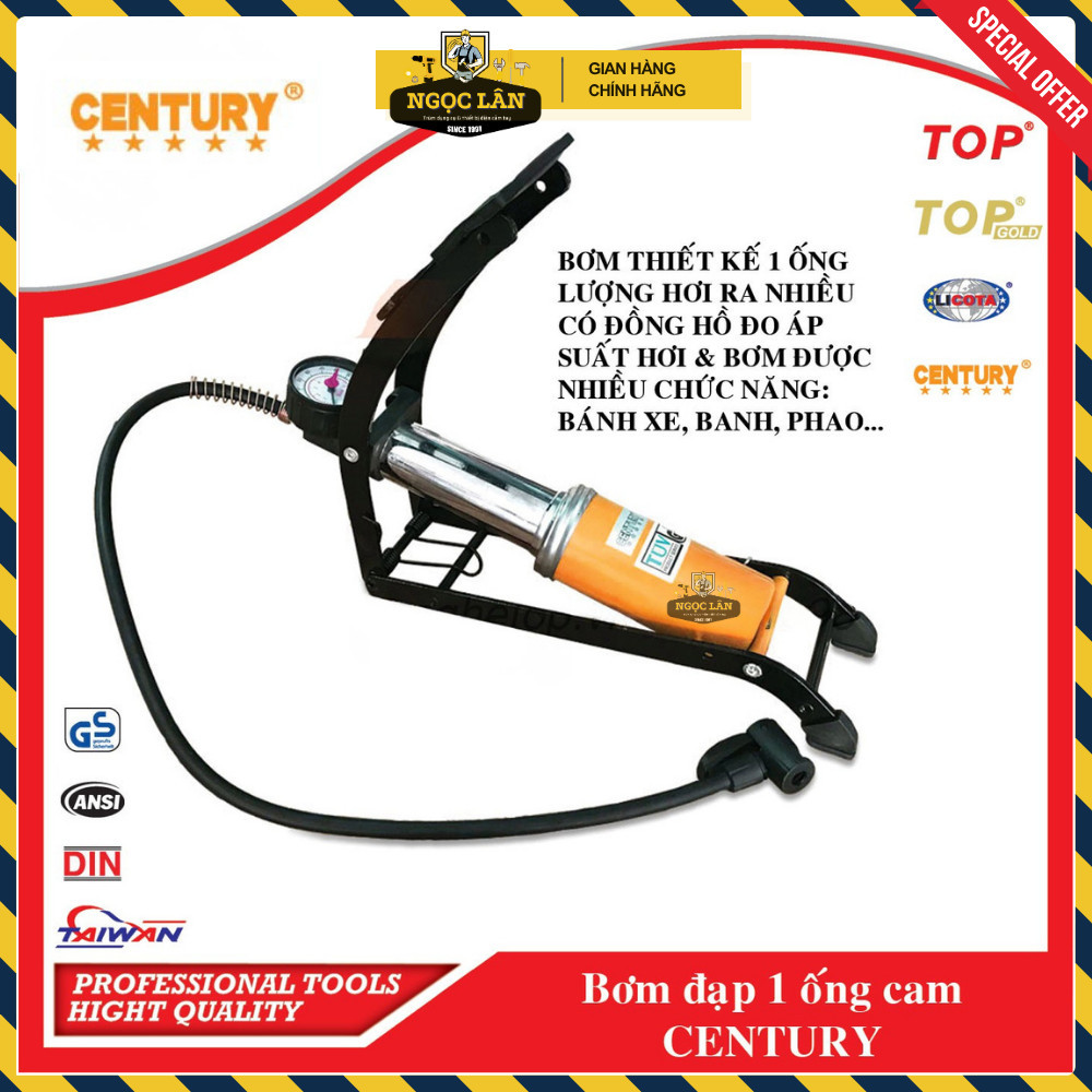 Bơm đạp chân Century 1 ống xilanh cam có đồng hồ, bơm bánh xe, phao - Ảnh 2