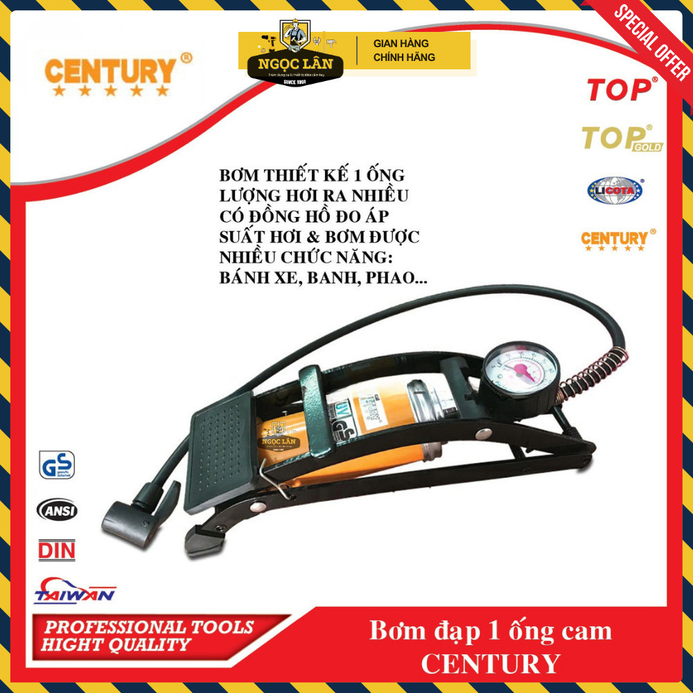 Bơm đạp chân Century 1 ống xilanh cam có đồng hồ, bơm bánh xe, phao - Ảnh 3