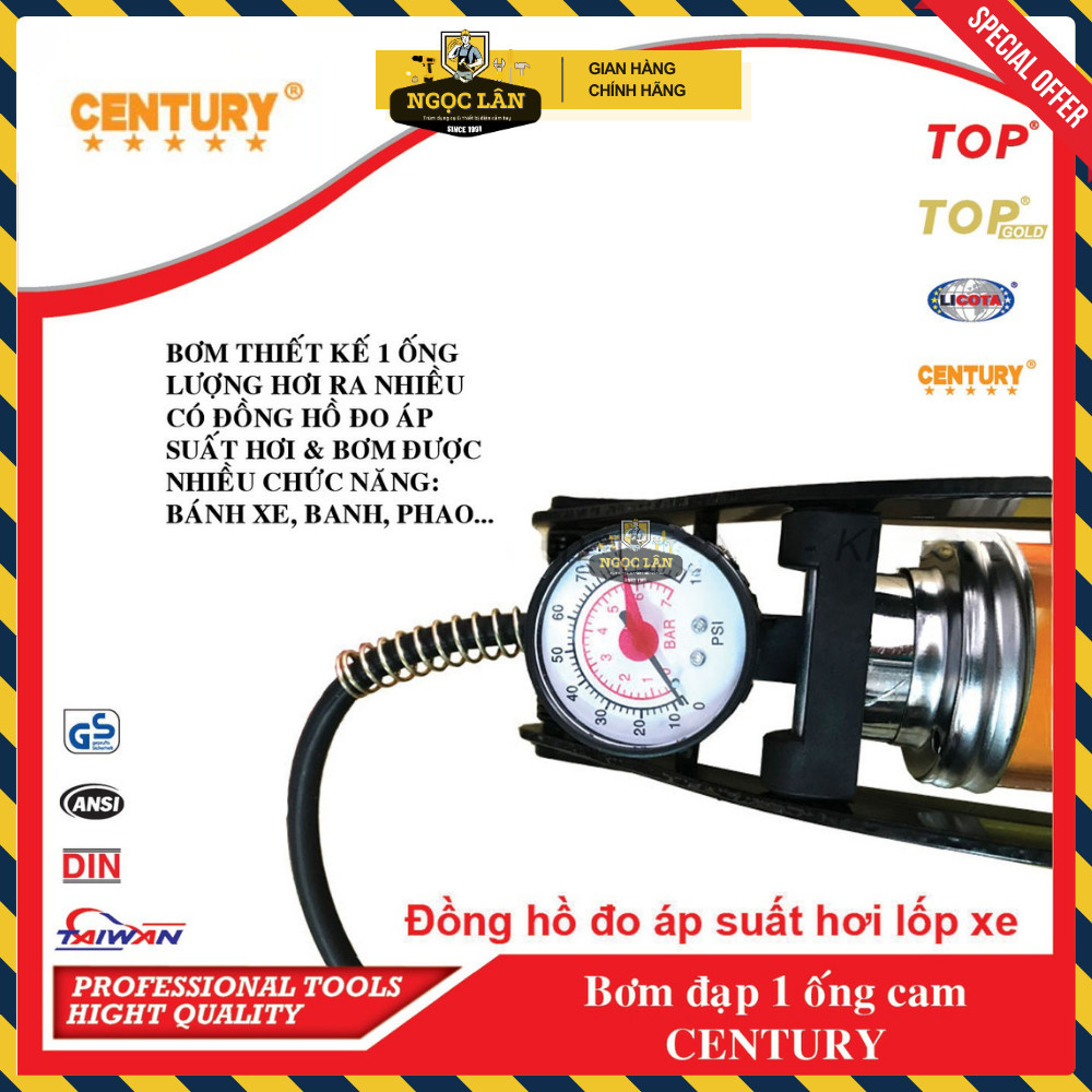 Bơm đạp chân Century 1 ống xilanh cam có đồng hồ, bơm bánh xe, phao - Ảnh 4