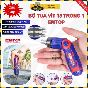 Bộ tua vít EMTOP 15 in 1, tay xoay chiều, 14 đầu CRV (ESDRH1502)