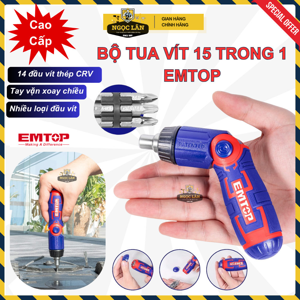 Bộ tua vít EMTOP 15 in 1, tay xoay chiều, 14 đầu CRV (ESDRH1502)
