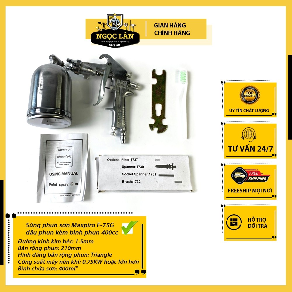 Súng phun sơn Maxpiro F-75G đầu phun 1.5mm, bình 400cc