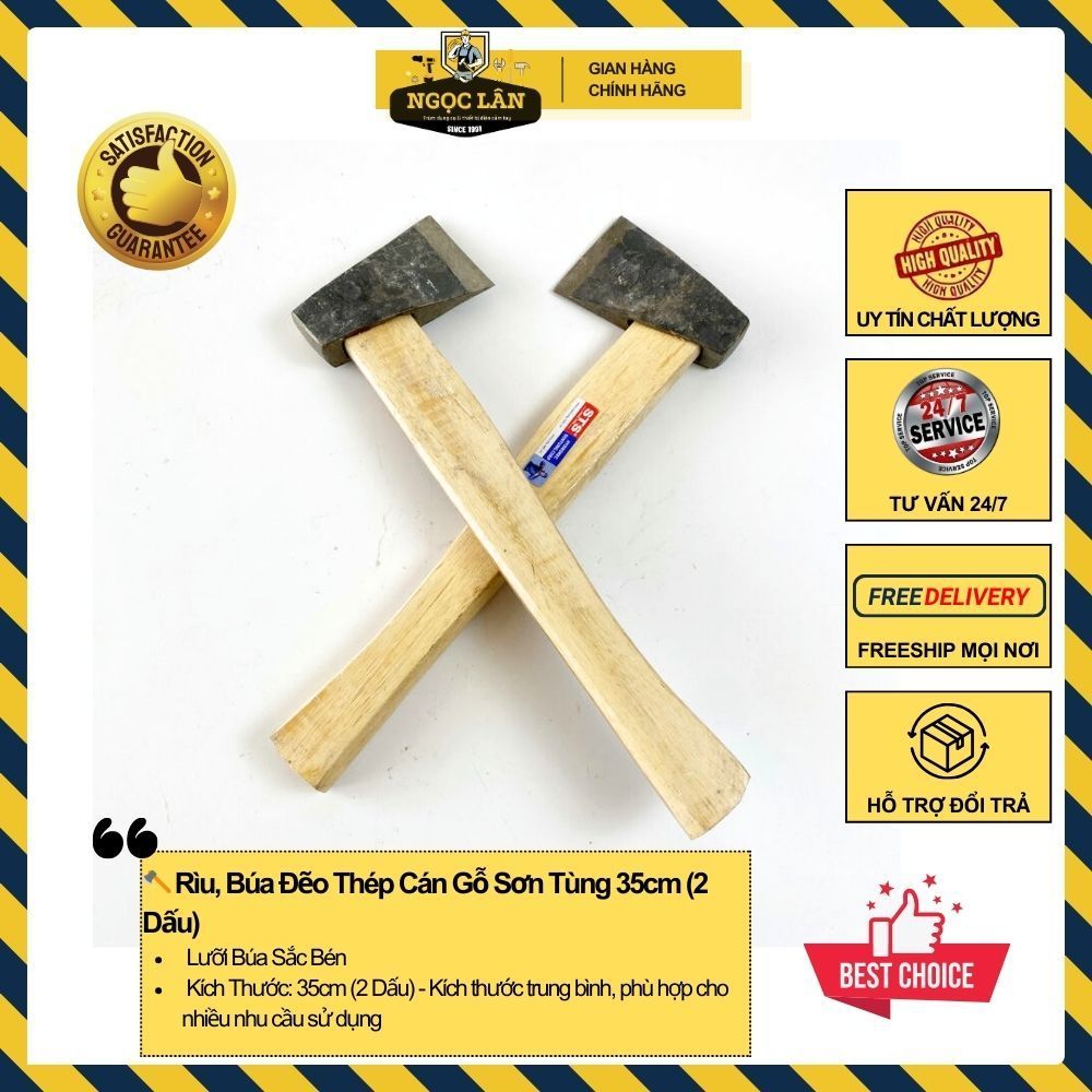 Rìu Búa Đẽo Thép Cán Gỗ Sơn Tùng 35cm, 2 Dấu
