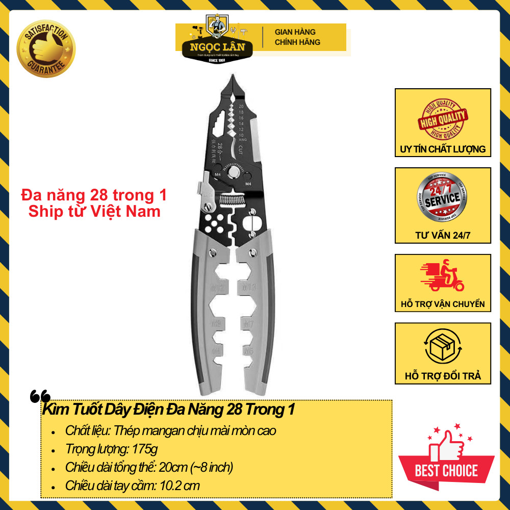 Kìm Tuốt Dây Điện Đa Năng 28-in-1, Cắt, Ép Cos, Vặn Ốc