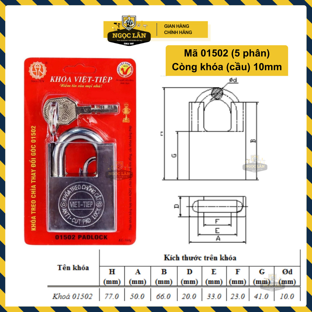Khóa Chống Cắt Việt Tiệp, Cầu Phi 8-10-12mm, 4 Chìa, Xi Trắng - Ảnh 3