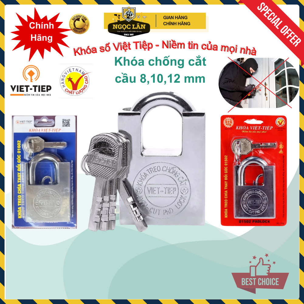 Khóa Chống Cắt Việt Tiệp, Cầu Phi 8-10-12mm, 4 Chìa, Xi Trắng