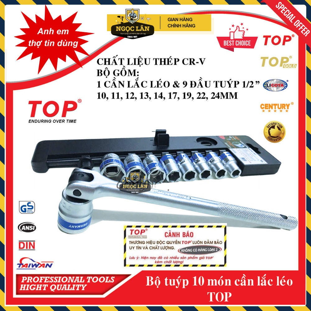 Hàng chuẩn TOP Bộ khẩu tuýp lắt léo 10 chi tiết 1/2'' 10-24mm