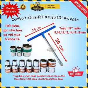 Combo cần siết chữ T, bộ đầu tuýp 1/2" ngắn 8-19mm