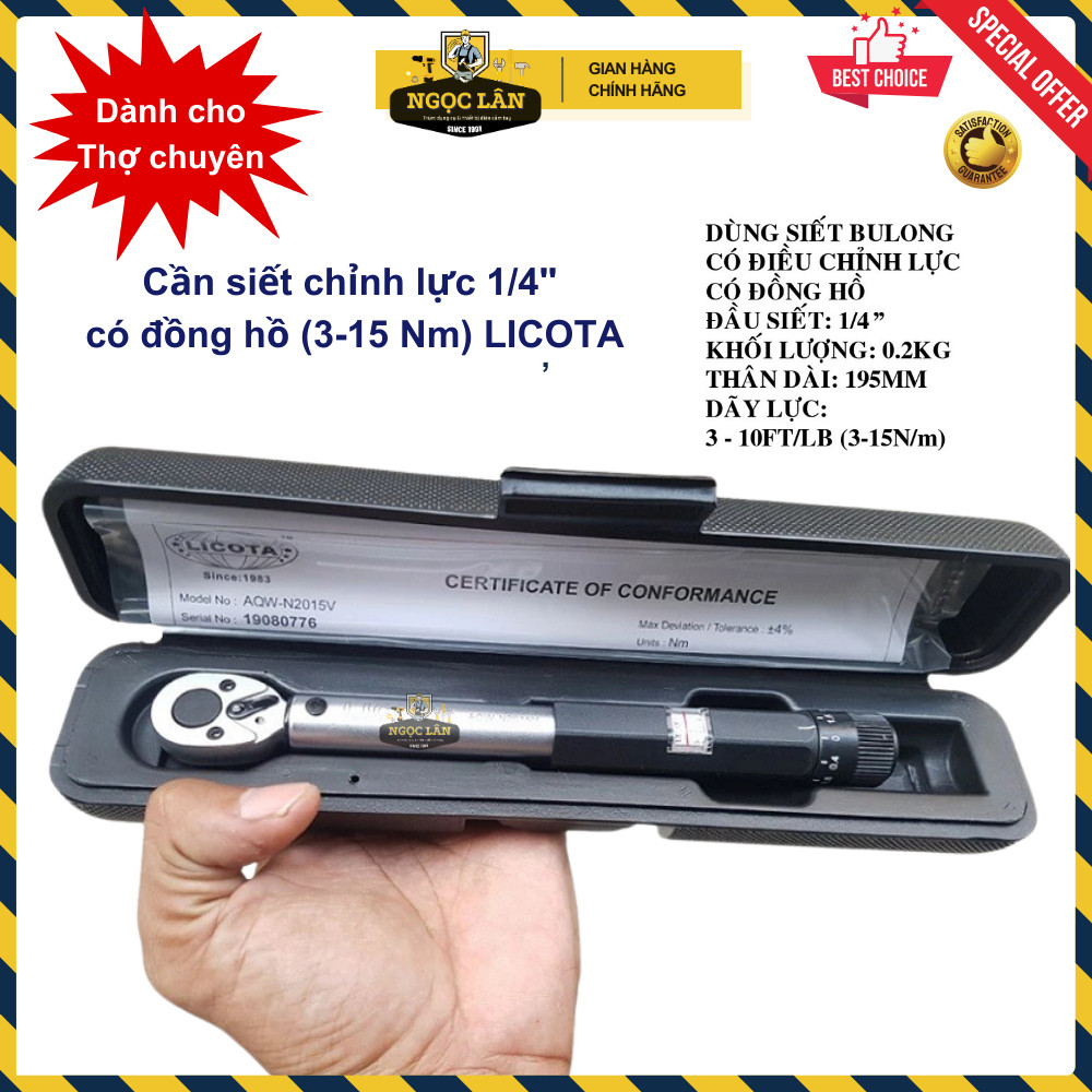 Cần Siết Lực Chỉnh Licota 1/4" Đồng Hồ (3-15 Nm) Chính Hãng Đài Loan