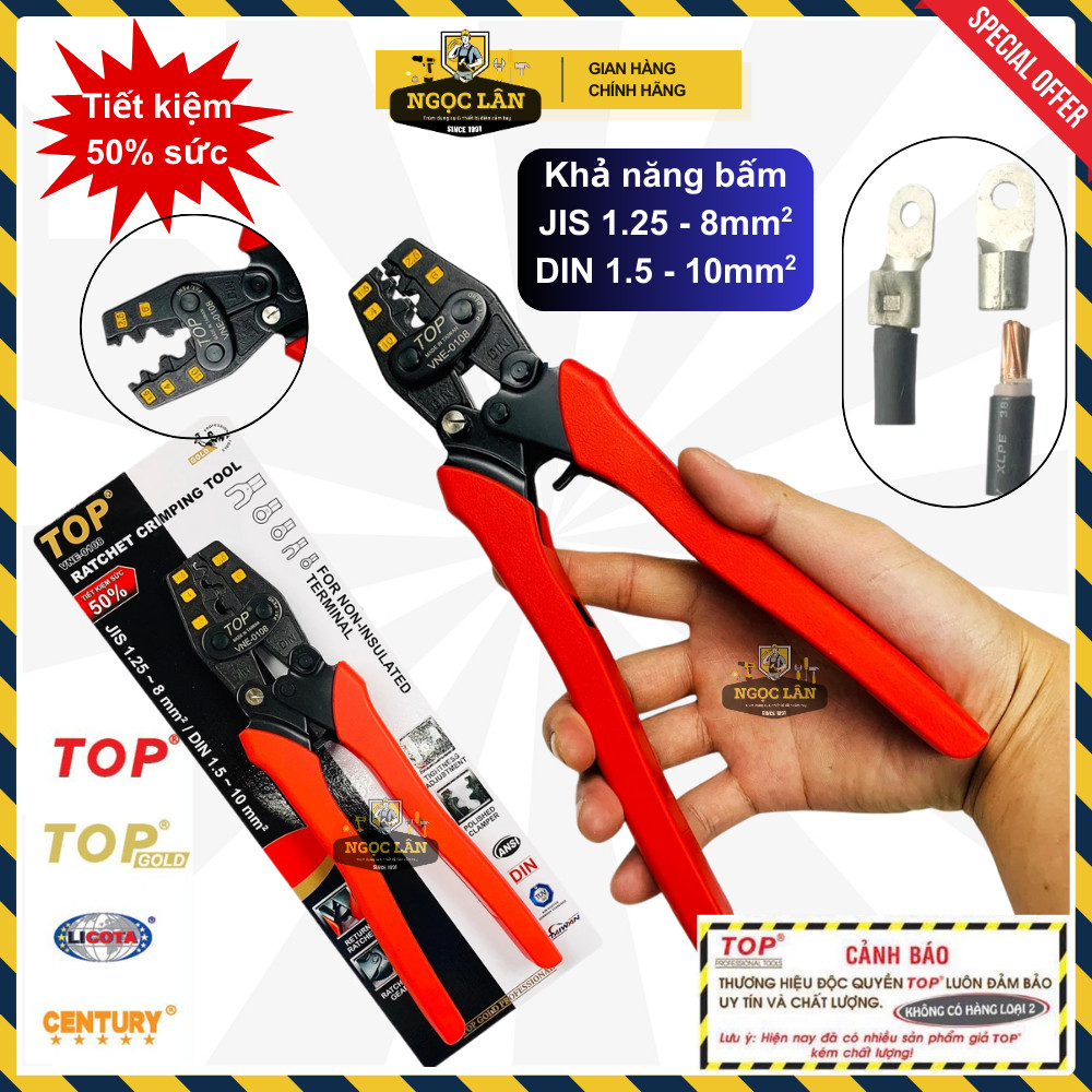 Kìm bấm cos TOP Gold trợ lực số 8, 1.5-10mm2, có nút tăng độ cứng