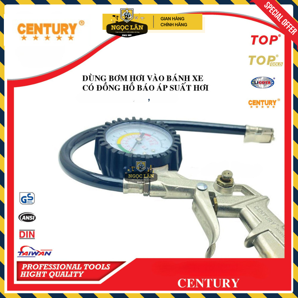 Đầu vòi bơm lốp oto xe máy Century cao cấp có đồng hồ đo áp suất - Ảnh 4
