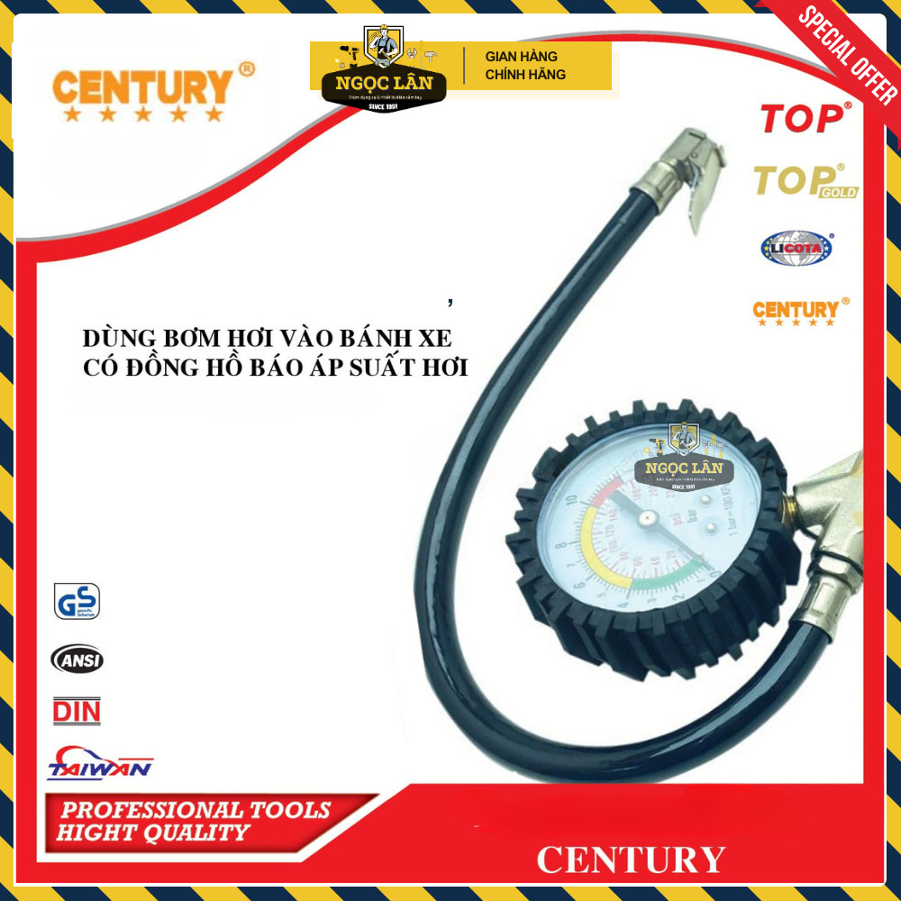 Đầu vòi bơm lốp oto xe máy Century cao cấp có đồng hồ đo áp suất - Ảnh 3