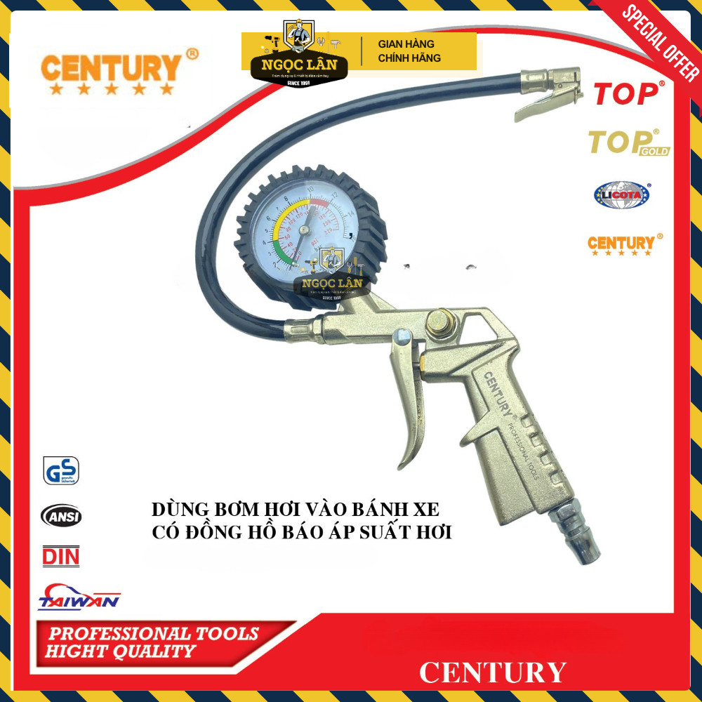 Đầu vòi bơm lốp oto xe máy Century cao cấp có đồng hồ đo áp suất - Ảnh 2