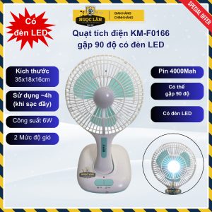 Quạt tích điện đèn LED KM-F0166 pin 4000mAh, sạc USB gập 90 độ