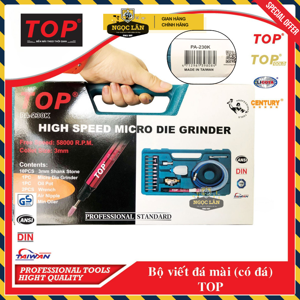Máy mài hơi khí nén TOP dạng viết 3mm, bộ có đá 10 cây Đài Loan - Ảnh 4