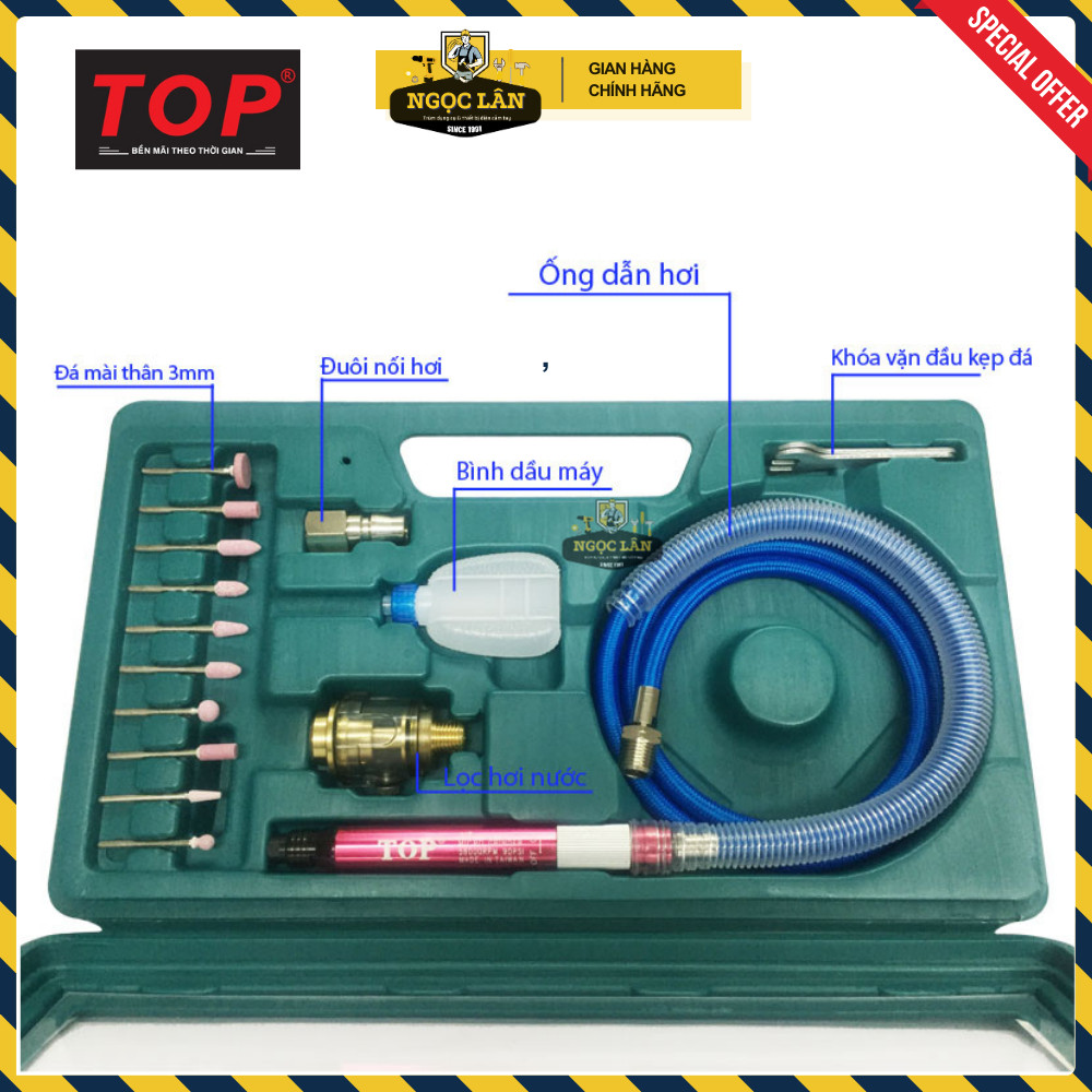 Máy mài hơi khí nén TOP dạng viết 3mm, bộ có đá 10 cây Đài Loan - Ảnh 5