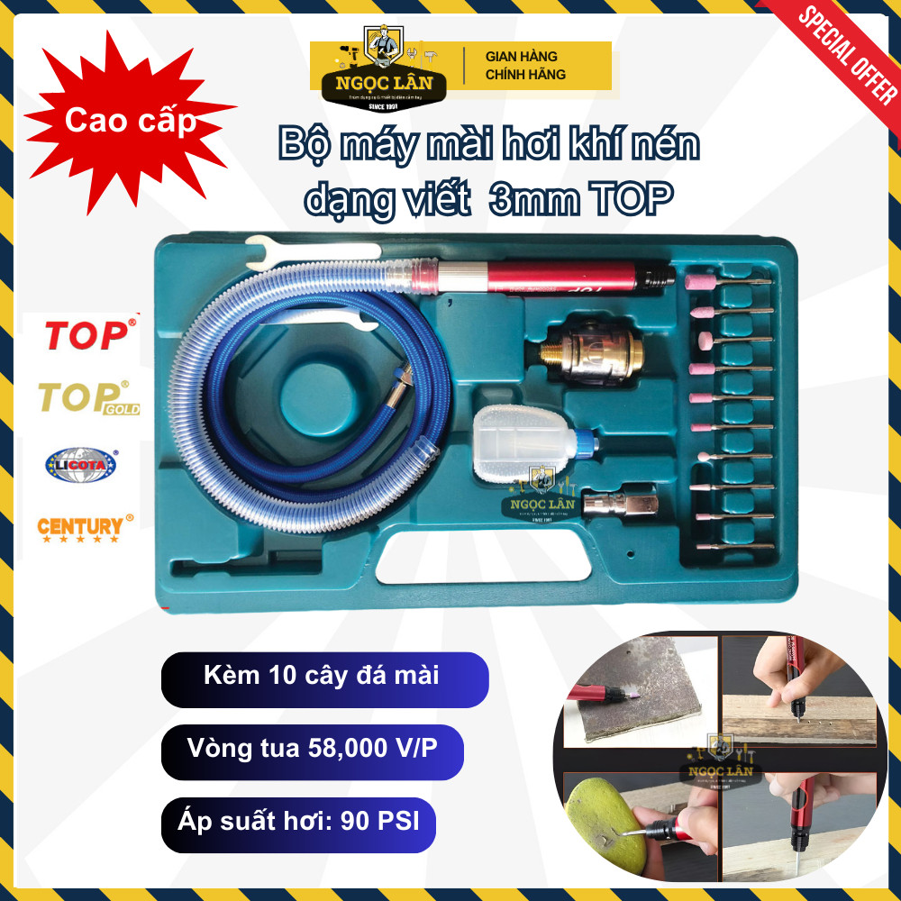Máy mài hơi khí nén TOP dạng viết 3mm, bộ có đá 10 cây Đài Loan