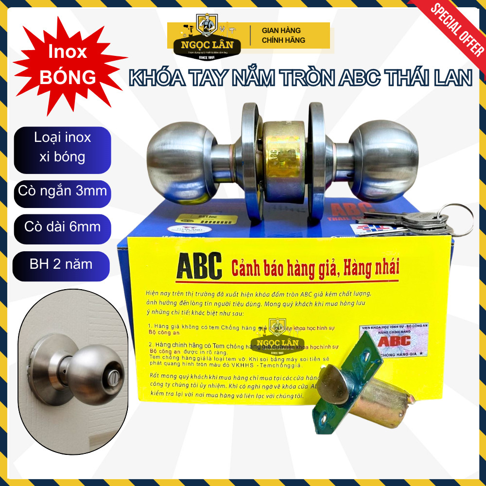 Khóa cửa ABC tay nắm quả đấm inox bóng cò ngắn dài Thái Lan cao cấp