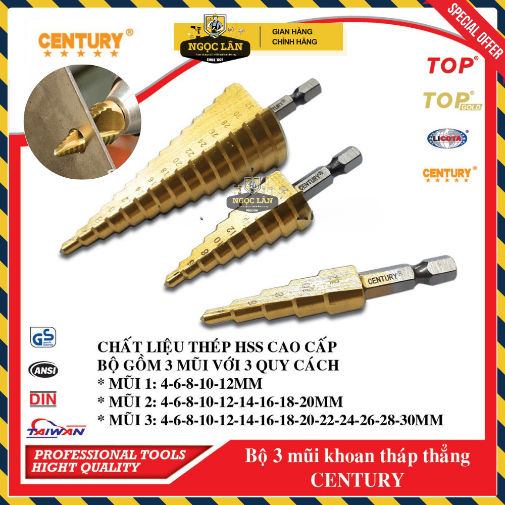 Bộ 3 mũi khoan tháp bước Century thép HSS 4-12mm, 4-20mm, 4-30mm - Ảnh 3