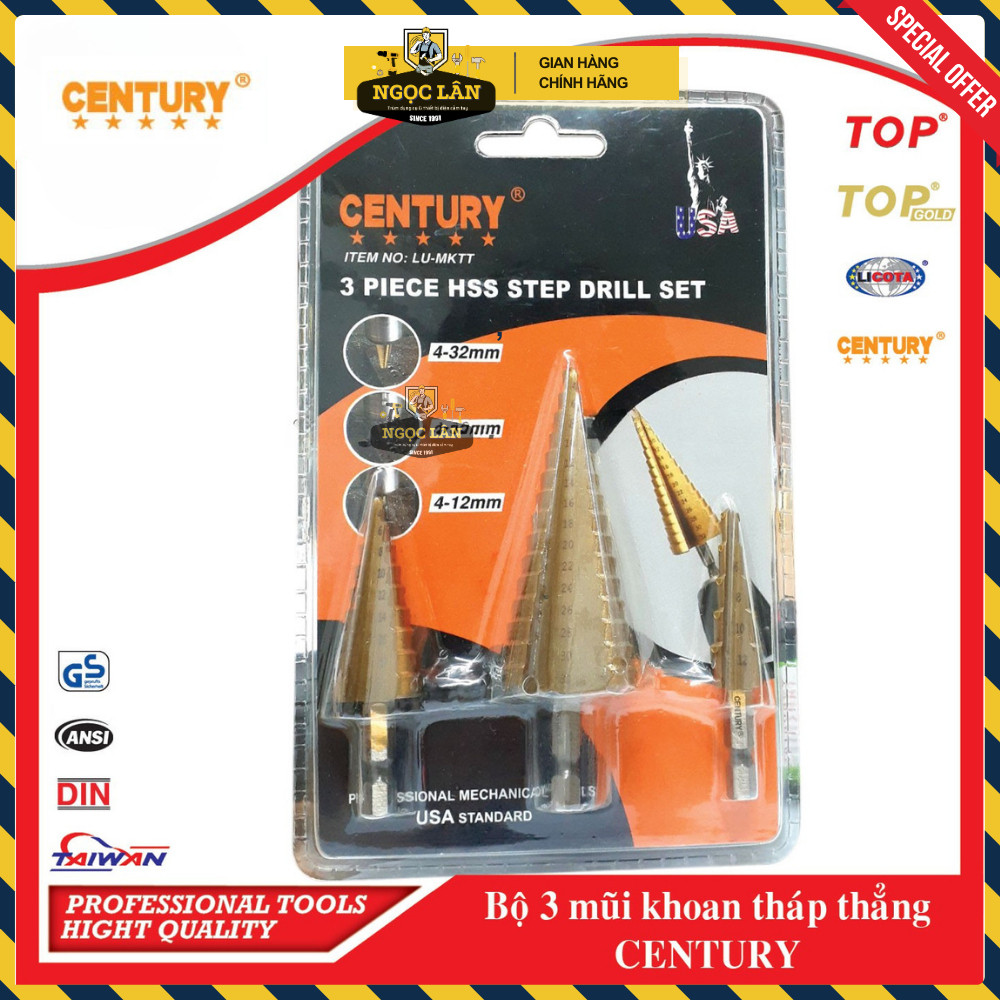 Bộ 3 mũi khoan tháp bước Century thép HSS 4-12mm, 4-20mm, 4-30mm - Ảnh 2